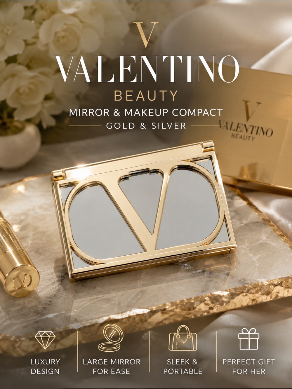 Valentino Beauty Gold & Silver Compact Mirror | Luxury Makeup Mirror